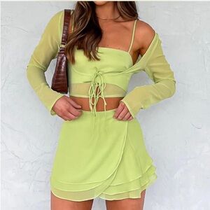 White Fox Boutique Matcha 3 Piece Skirt Tank Top + Long Sleeve Set. (S, XS)